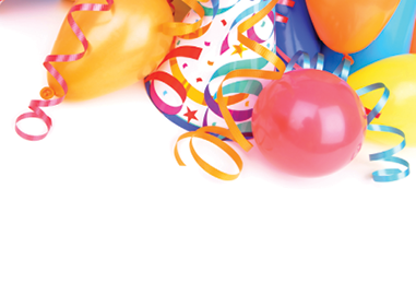 orange and red party balloons with orange teal pink and blue ribbon and confetti