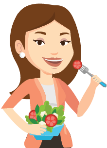 cartoon graphic of a young woman eating a bowl of salad