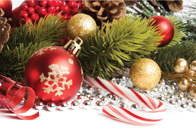 image of items associated with Christmas, green garland, ornaments, ribbon, and candy cane